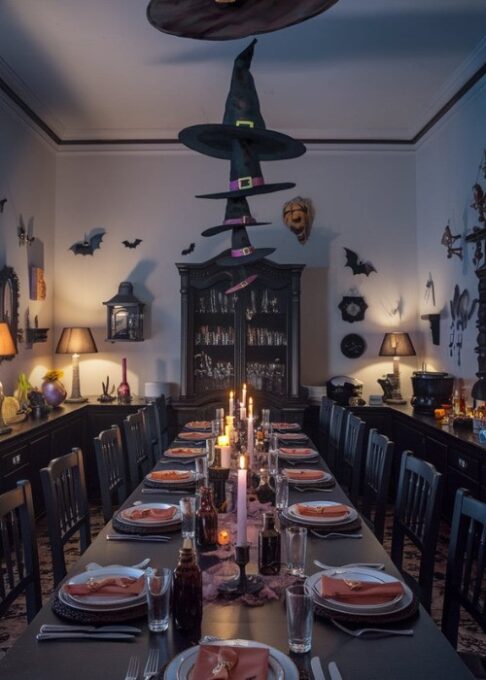 A dining room setup featuring floating witch hats above the table, with candles and potion bottles creating a magical, spooky scene.