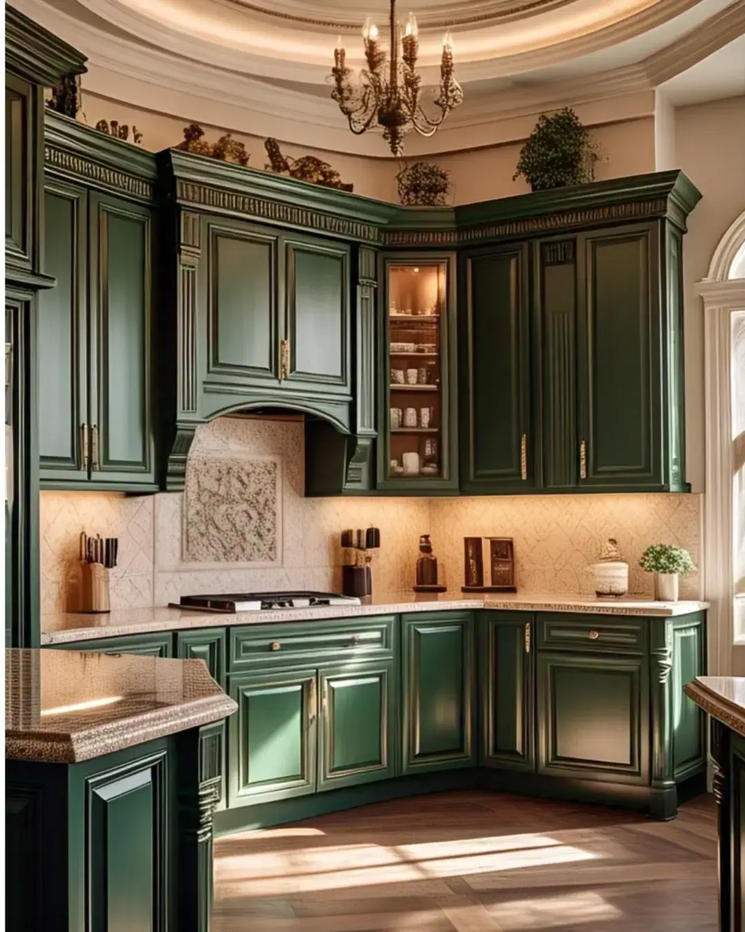 Kitchen Cabinet Colors for White Tile Floors: 11 Best Ideas and Expert Tips 6 A modern kitchen with forest green cabinets, a white marble countertop, and white tile floors, creating a dramatic yet elegant space.