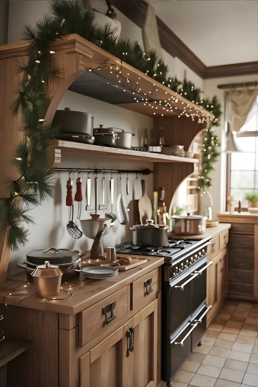 Christmas Cottage Kitchen Décor Ideas: 21 Best Ways to Create a Cozy and Festive Space 2 Christmas Cottage Kitchen Décor Ideas, a rustic wooden shelf in a cottage-style kitchen. The shelf is decorated with pine garlands, fairy lights, and festive kitchenware. There are pots, pans, and cooking utensils on the shelf. The background contains a range hood, cabinets, and a window with a curtain. The floor is tiled.