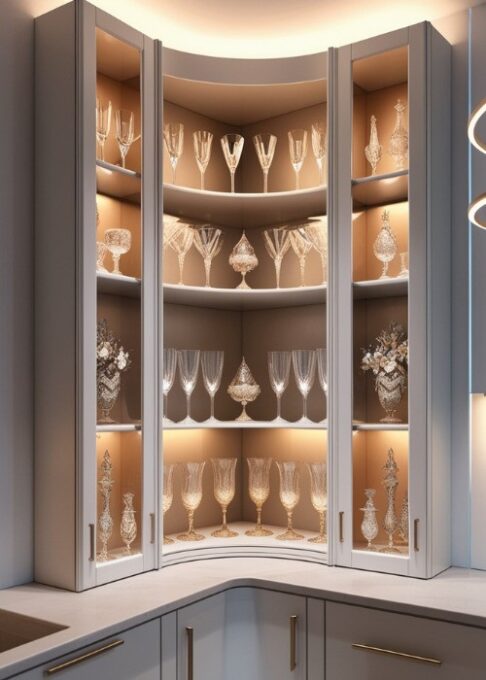 A kitchen corner cabinet with glass-front doors, filled with neatly displayed glassware, lit by soft interior lighting.