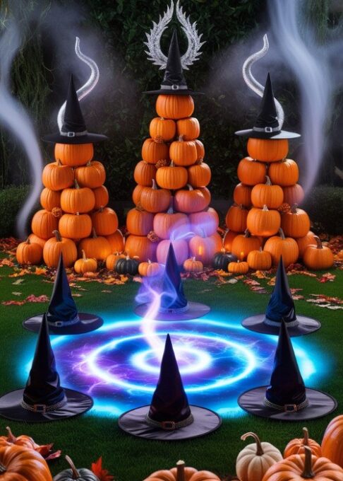 A glowing spell circle on a lawn, surrounded by pumpkins, fog, and witch hats for a magical Hocus Pocus effect.