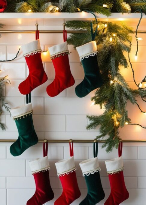 Choose stockings with rustic designs, such as burlap or knitted patterns, to enhance the cottage feel.