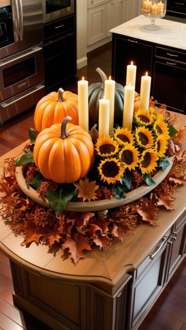 A luxurious kitchen island with a fall-themed centerpiece featuring pumpkins, candles, and sunflowers arranged in a rustic wooden tray.