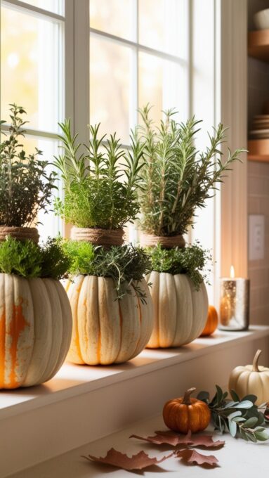 A kitchen windowsill with DIY pumpkin planters filled with fresh herbs like rosemary and thyme, adding both greenery and seasonal charm.