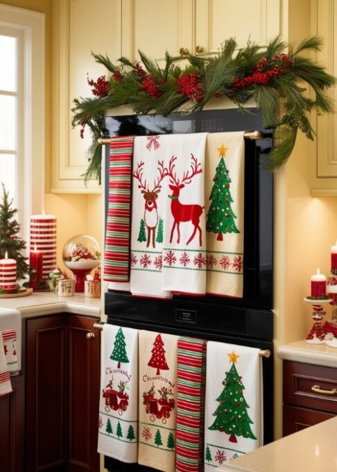 A kitchen with holiday-themed tea towels hanging from the oven door, surrounded by Christmas décor.