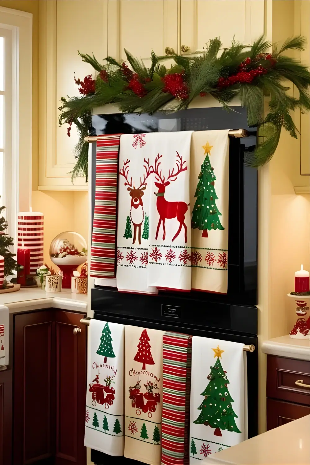 Christmas Cottage Kitchen Décor Ideas: 21 Best Ways to Create a Cozy and Festive Space 18 A kitchen with holiday-themed tea towels hanging from the oven door, surrounded by Christmas décor.
