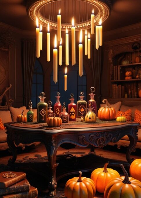 A spooky living room scene featuring floating candles above a table set with potion bottles, spellbooks, and pumpkins.