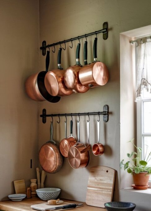 a rustic kitchen with a wall-mounted pot rack displaying copper pots and pans. The pots and pans are hanging neatly above a wooden counter. The counter has a few items on it, including a knife, a cutting board, and a bowl. There is a window with a curtain near the counter. The walls are painted beige, and there is a potted plant near the window.