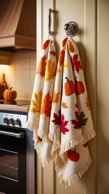 A kitchen featuring DIY fall-themed towels with leaf and pumpkin motifs, hanging from an oven door handle.