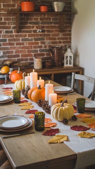 A cozy kitchen table with a DIY leaf-patterned runner, topped with pumpkins, candles, and small pinecones as part of the fall centerpiece.