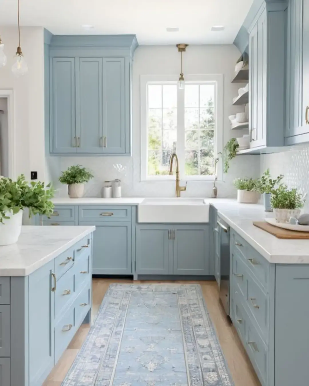 Kitchen Cabinet Colors for White Tile Floors: 11 Best Ideas and Expert Tips 8 A coastal kitchen with light blue cabinets, white countertops, and white tile floors, offers a breezy, beach-inspired look.