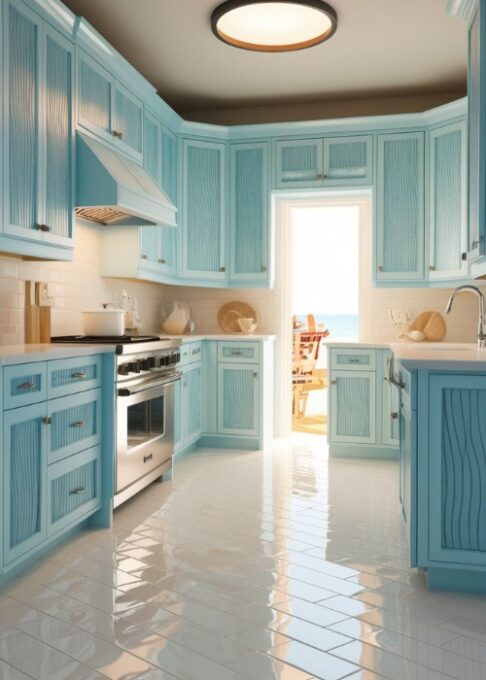 A coastal kitchen with light blue cabinets, white countertops, and white tile floors, offers a breezy, beach-inspired look.