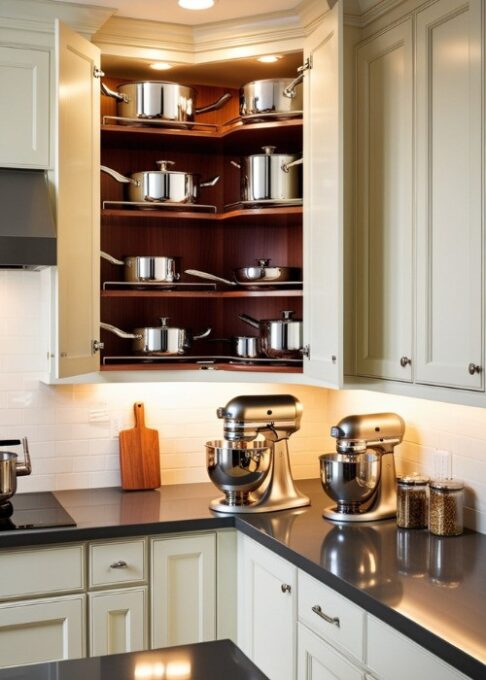 A sleek kitchen with a magic corner cabinet, where pull-out shelves display pots, pans, and kitchen essentials in a highly accessible manner.