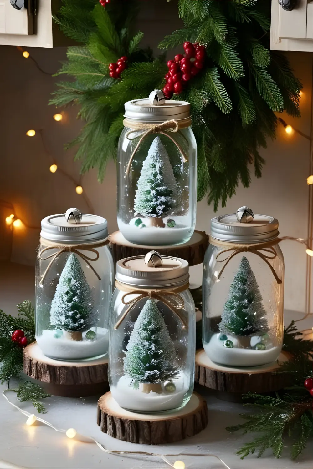 Christmas Cottage Kitchen Décor Ideas: 21 Best Ways to Create a Cozy and Festive Space 10 A set of mason jar snow globes placed on a rustic kitchen counter, surrounded by holiday greenery and fairy lights.
