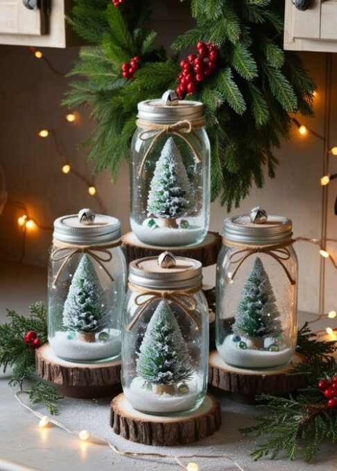 A set of mason jar snow globes placed on a rustic kitchen counter, surrounded by holiday greenery and fairy lights.