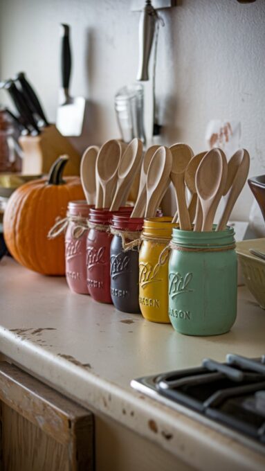 A kitchen countertop with DIY fall-colored mason jars holding wooden spoons, with twine wrapped around the jars for a rustic touch.