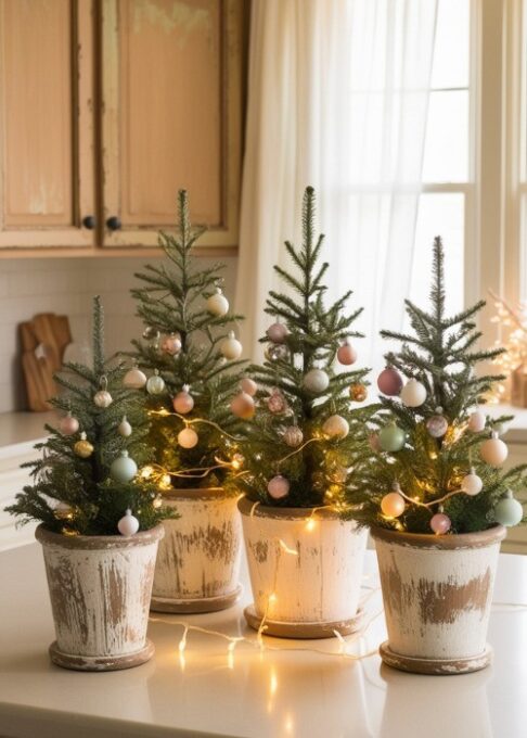 A kitchen counter with mini Christmas trees in rustic wooden planters, decorated with tiny ornaments and lights.