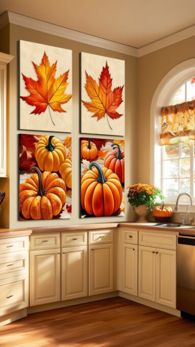 A kitchen with nature-inspired wall art featuring framed prints of autumn leaves and pumpkins, adding a seasonal touch to the neutral-colored walls.