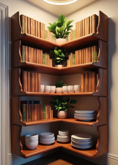 A kitchen corner with open wooden shelves holding cookbooks, small potted plants, and neatly stacked dishes for an organized yet decorative look.