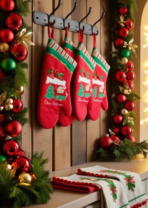 A kitchen with holiday-themed oven mitts hanging on a hook next to festive dish towels and garlands.