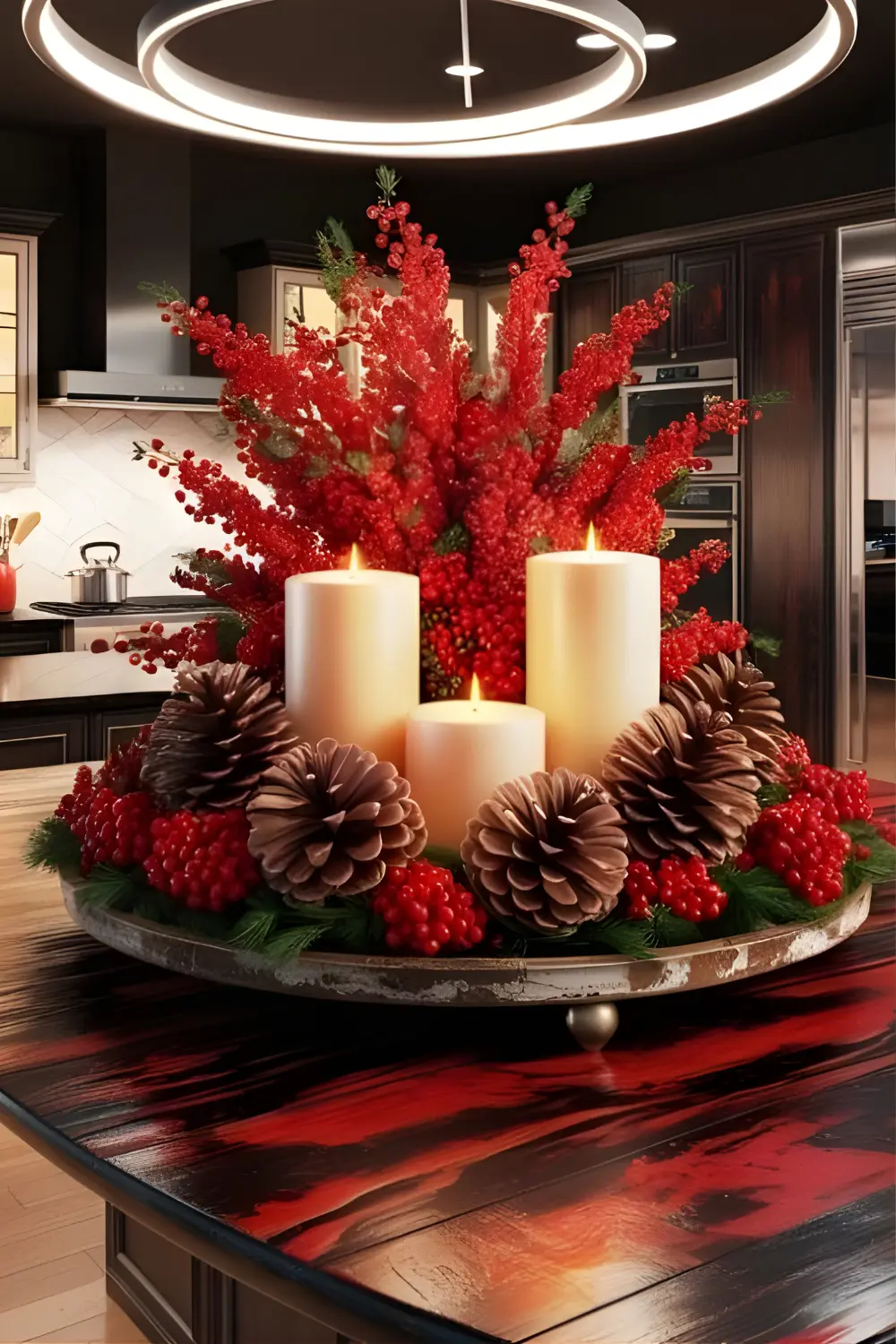 Christmas Cottage Kitchen Décor Ideas: 21 Best Ways to Create a Cozy and Festive Space 5 A kitchen island featuring a rustic centerpiece made of pinecones, red berries, and white candles on a wooden tray.