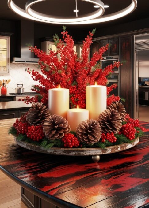 A kitchen island featuring a rustic centerpiece made of pinecones, red berries, and white candles on a wooden tray.