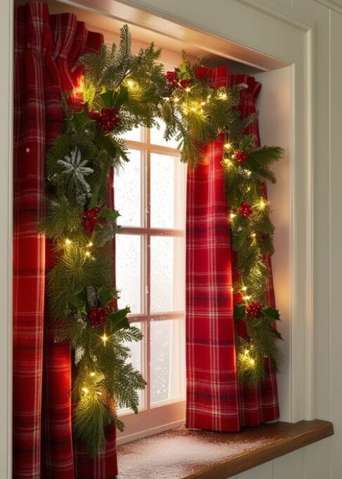 A cozy kitchen window with red plaid curtains, holiday greenery, and twinkling fairy lights.