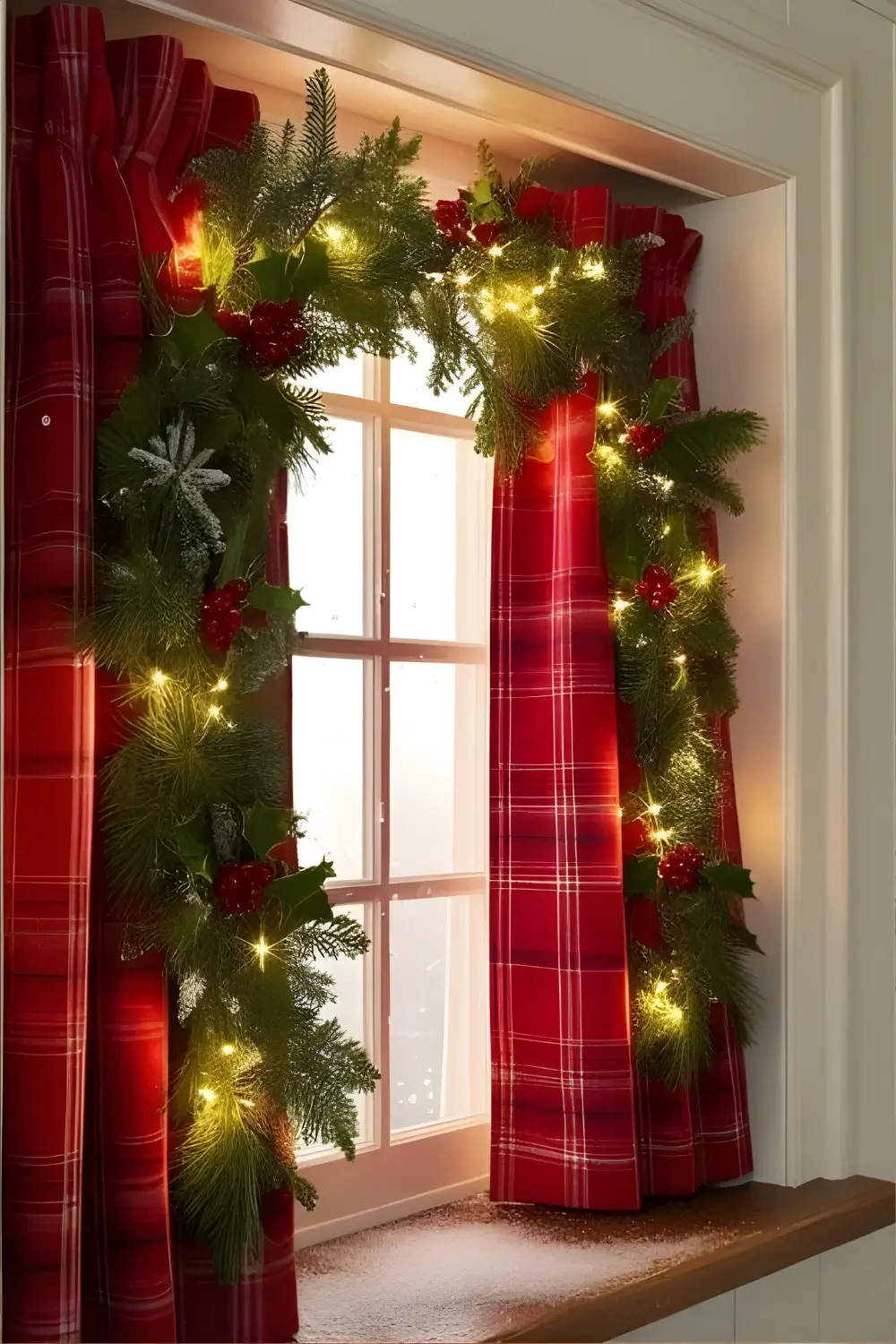 Christmas Cottage Kitchen Décor Ideas: 21 Best Ways to Create a Cozy and Festive Space 16 A cozy kitchen window with red plaid curtains, holiday greenery, and twinkling fairy lights.
