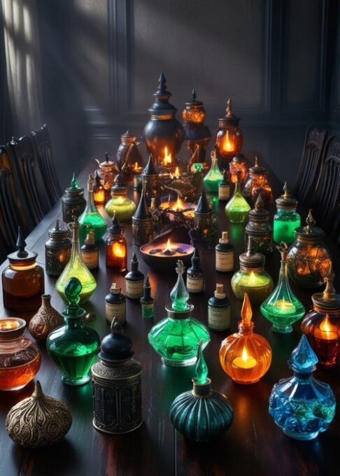 A dining table adorned with apothecary jars and potion bottles, lit by candlelight to create an enchanting, spooky atmosphere.