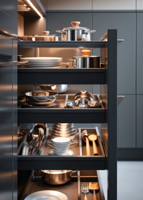 A close-up of pull-out drawers in a contemporary kitchen shows the full extension and organized layout of plates and baking accessories.