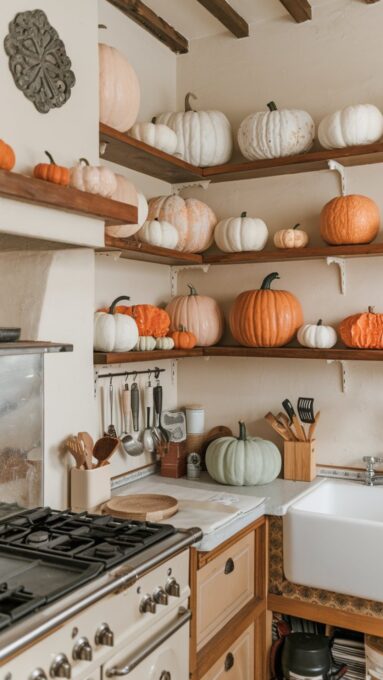 A cozy kitchen with pumpkin décor displayed on open shelves, including both real and faux pumpkins in shades of white, orange, and green.