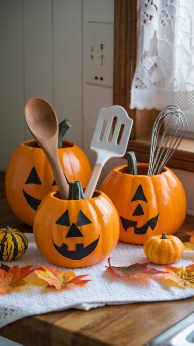 A kitchen countertop decorated with DIY pumpkin utensil holders, surrounded by small gourds and fall leaves for a festive look.