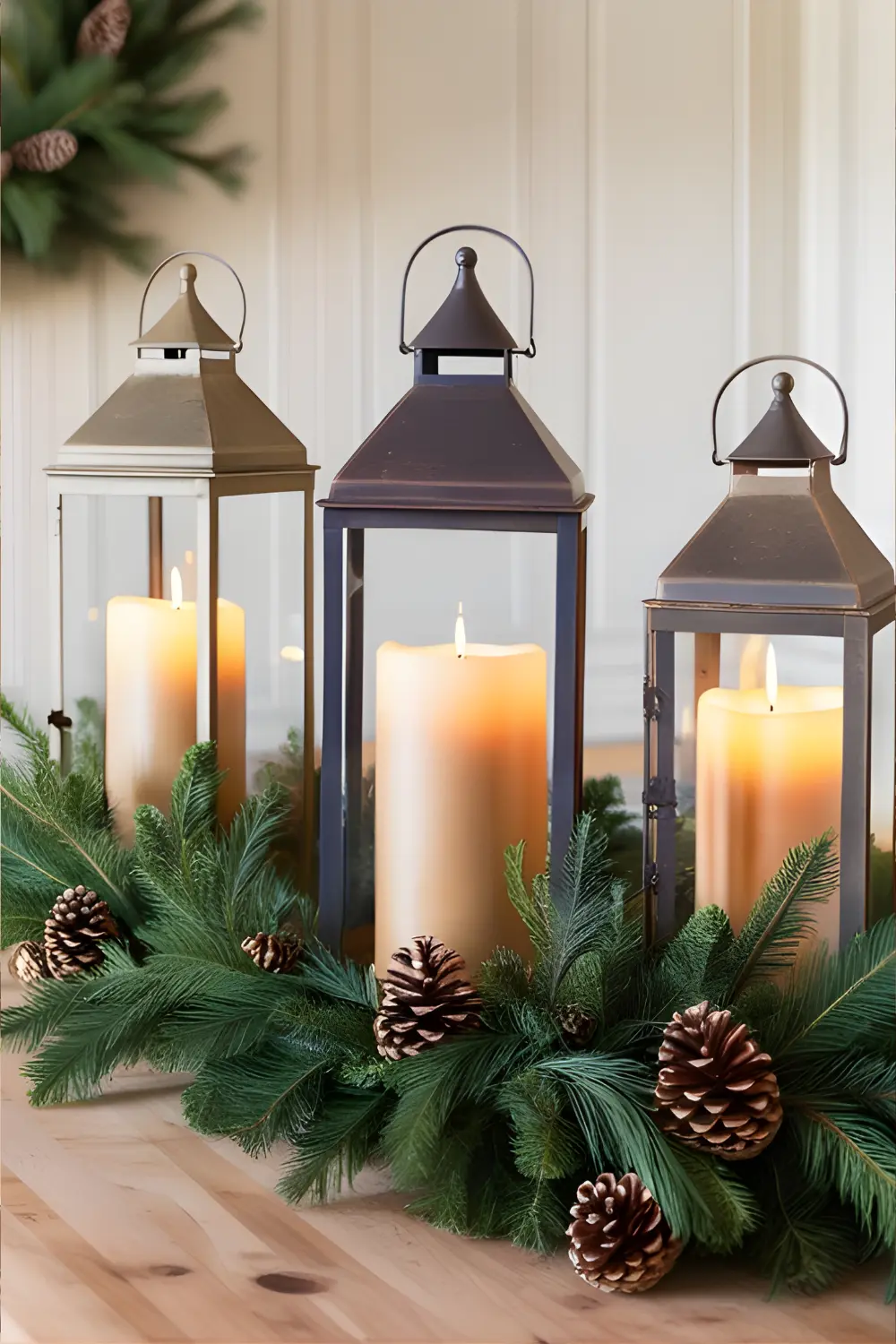 Christmas Cottage Kitchen Décor Ideas: 21 Best Ways to Create a Cozy and Festive Space 13 A set of rustic lanterns placed on a kitchen island, with candles and pine garlands creating a festive holiday scene.