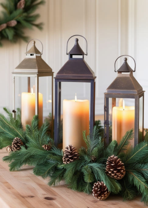 A set of rustic lanterns placed on a kitchen island, with candles and pine garlands creating a festive holiday scene.