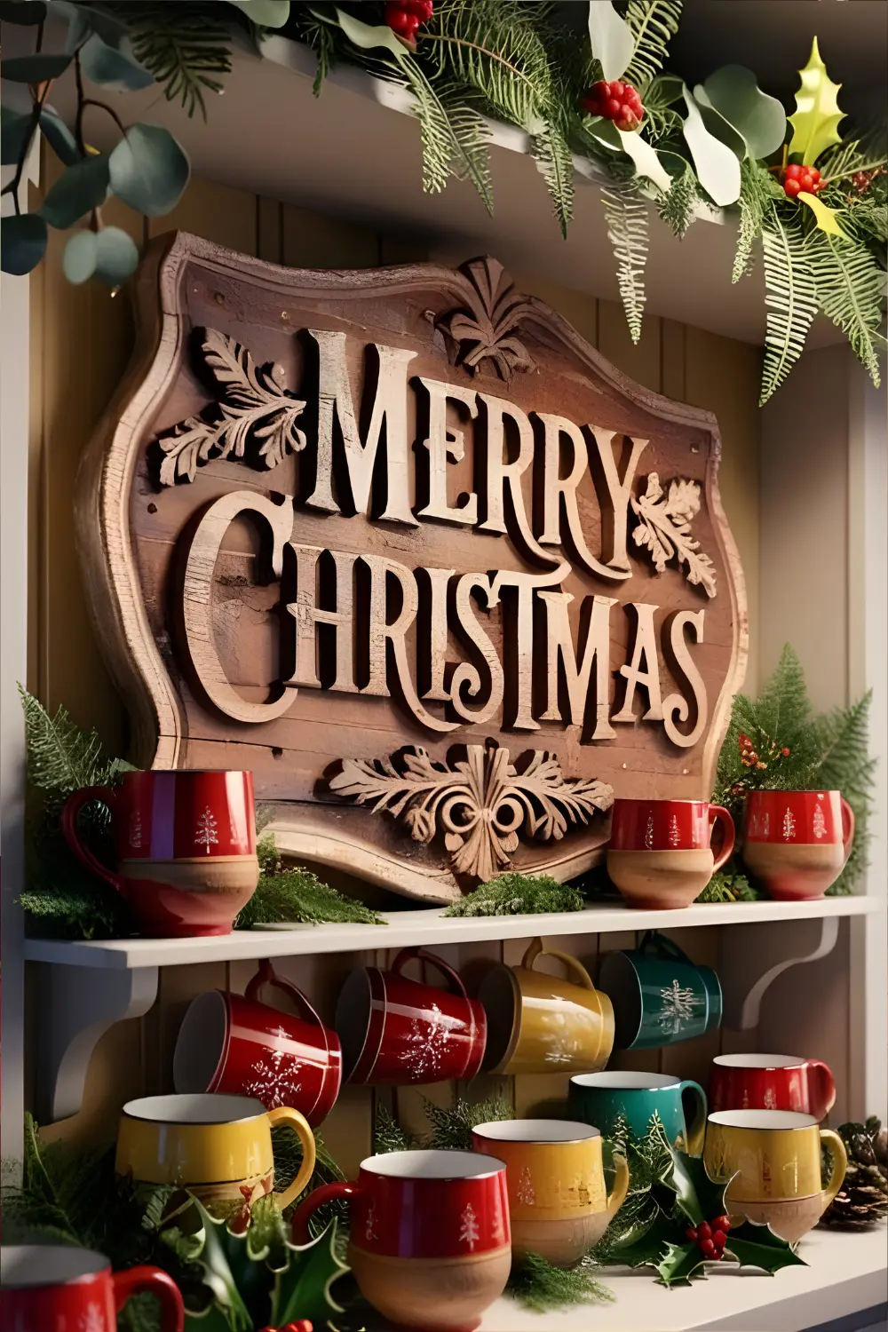 Christmas Cottage Kitchen Décor Ideas: 21 Best Ways to Create a Cozy and Festive Space 3 A wooden “Merry Christmas” sign was placed on a kitchen shelf surrounded by holiday mugs and greenery.