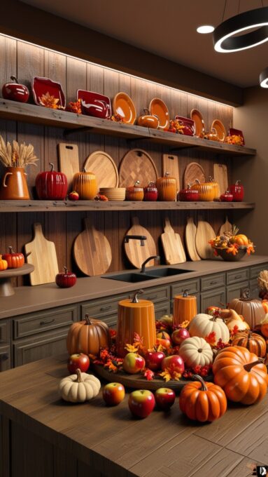 A rustic kitchen with open reclaimed wood shelves displaying fall-themed ceramics and wooden cutting boards, alongside harvest fruits like apples and pumpkins.