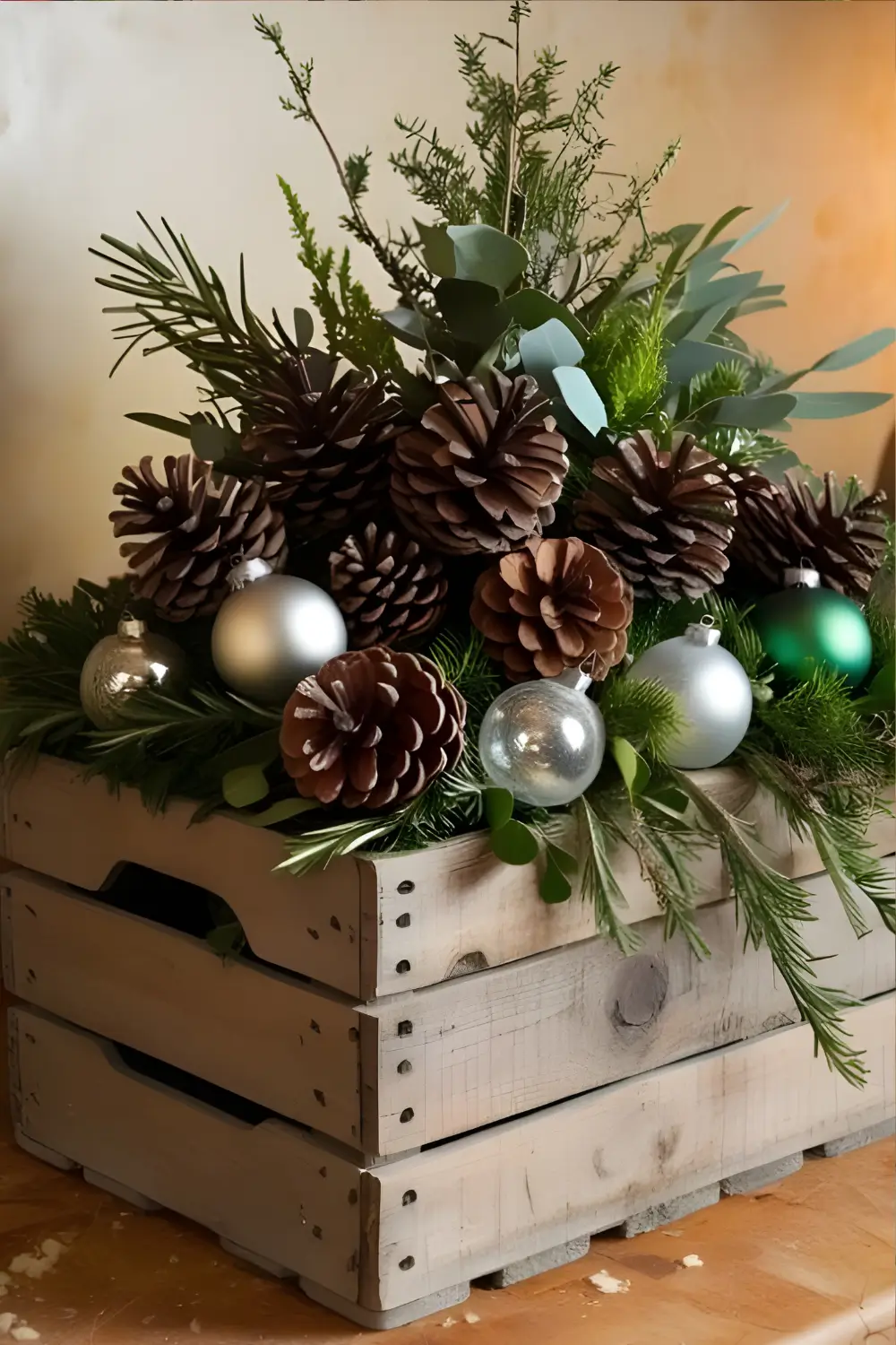 Christmas Cottage Kitchen Décor Ideas: 21 Best Ways to Create a Cozy and Festive Space 15 A rustic wooden crate filled with pinecones, holiday greenery, and mini ornaments, is sitting on a kitchen counter.