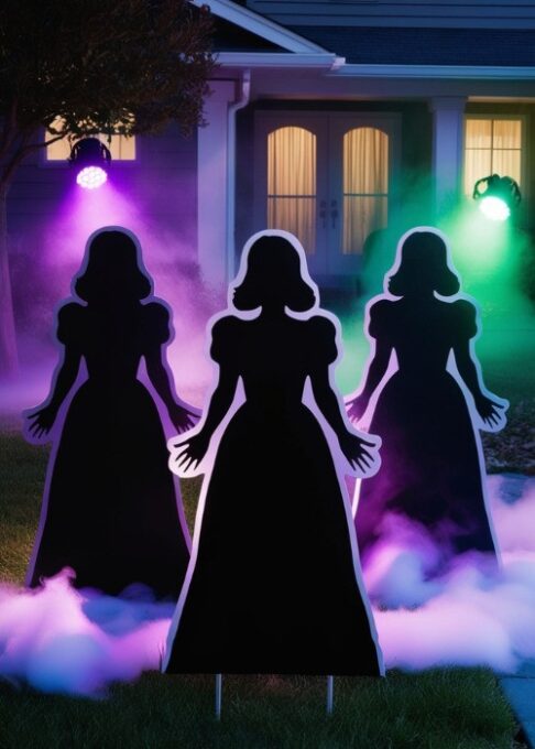 A spooky outdoor scene with Sanderson's sister silhouettes illuminated by purple and green spotlights, creating a haunting atmosphere.