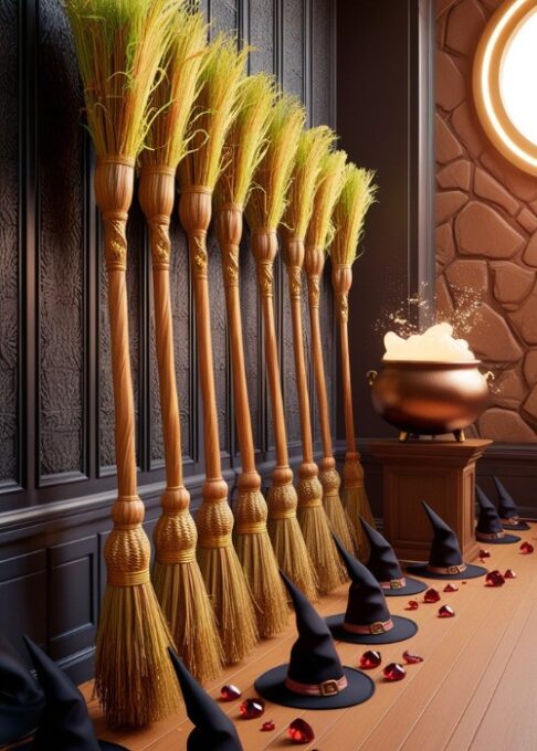 An entryway decorated with broomsticks leaning against a wall, surrounded by glowing pumpkins and Halloween lights.