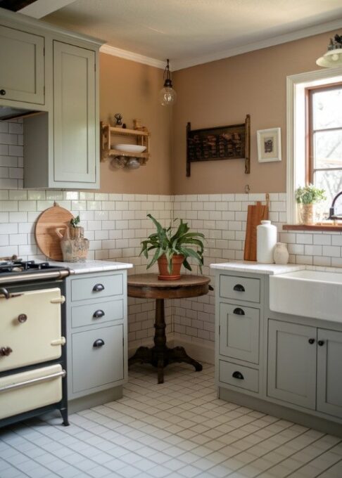 a cozy, traditional kitchen with soft gray cabinets, black hardware, a white subway tile backsplash, and white tile floors. There is a wooden table in the corner with a potted plant. A vintage stove and a farmhouse sink are also present. The walls have a beige paint and a few decorative items, such as a wooden rack and a vase. The room has a warm lighting.