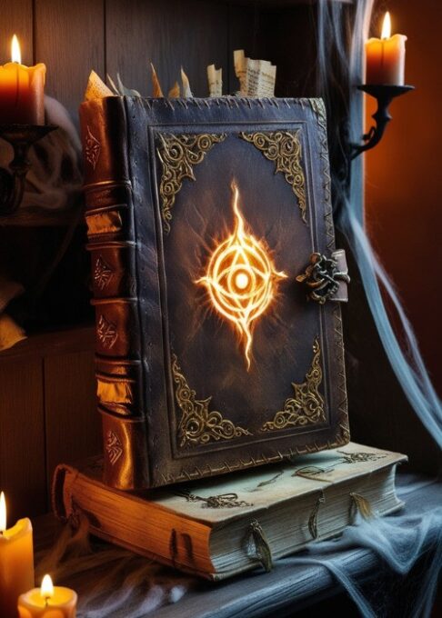 A spooky setup with a spellbook placed on a shelf, featuring moving eyes and eerie lighting for a magical Hocus Pocus atmosphere.