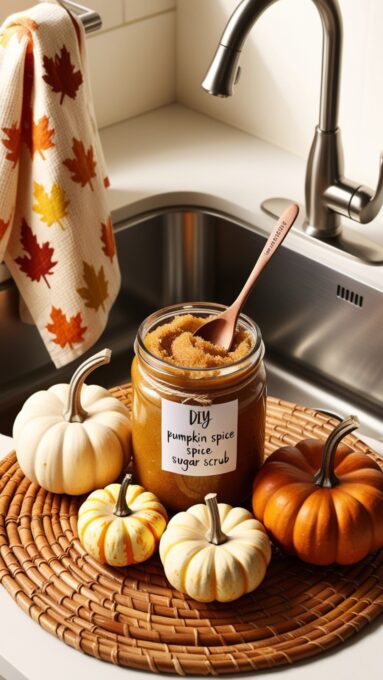 A kitchen sink area with a jar of DIY pumpkin spice sugar scrub, paired with small pumpkins and a fall-themed dish towel.