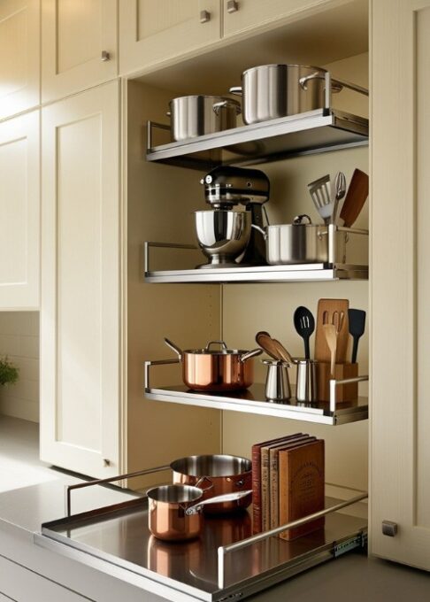 A modern kitchen featuring swing-out shelves with adjustable heights, filled with cooking supplies and utensils for easy reach.