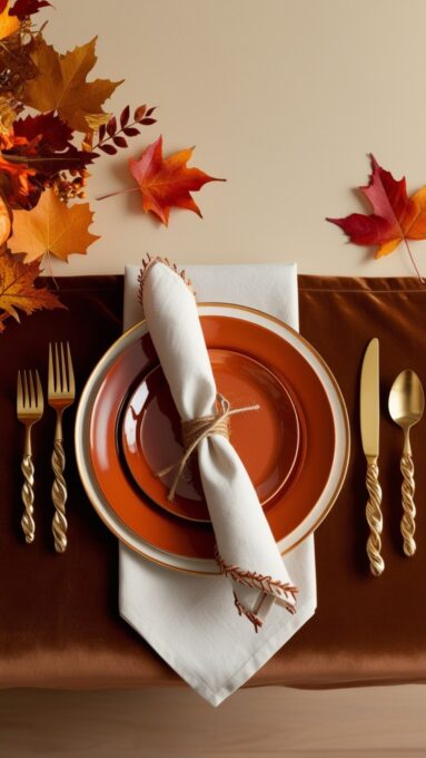 A fall-themed kitchen table set with deep orange plates, gold utensils, and napkins tied with twine and autumn leaves for a festive dining experience.