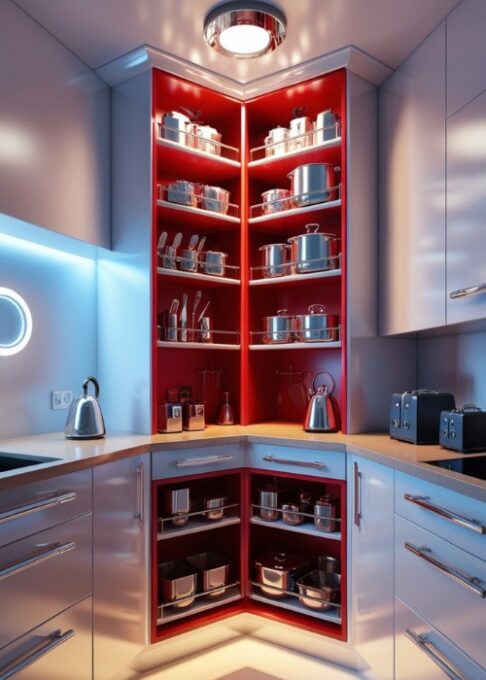 A tall corner cabinet in a sleek, modern kitchen, with adjustable shelves holding neatly organized kitchenware and small appliances.