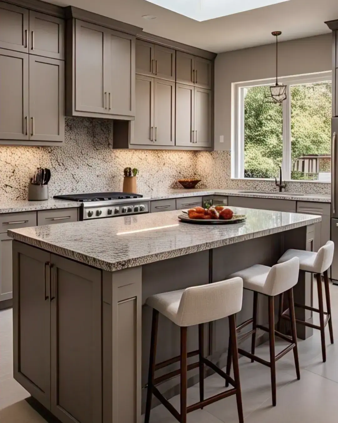 Kitchen Cabinet Colors for White Tile Floors: 11 Best Ideas and Expert Tips 11 A modern kitchen with taupe cabinets, white quartz countertops, and white tile floors, creates a sleek and understated look.