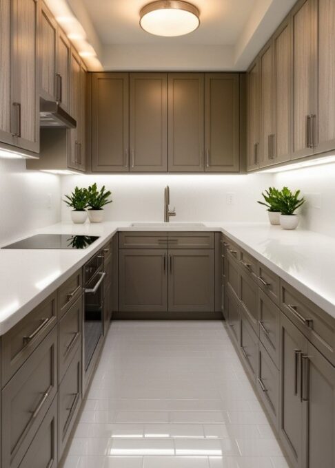 A modern kitchen with taupe cabinets, white quartz countertops, and white tile floors, creates a sleek and understated look.