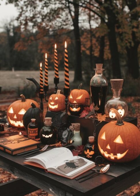 A table decorated with Hocus Pocus-themed candles, surrounded by glowing pumpkins, potion bottles, and spellbooks for a spooky ambiance.