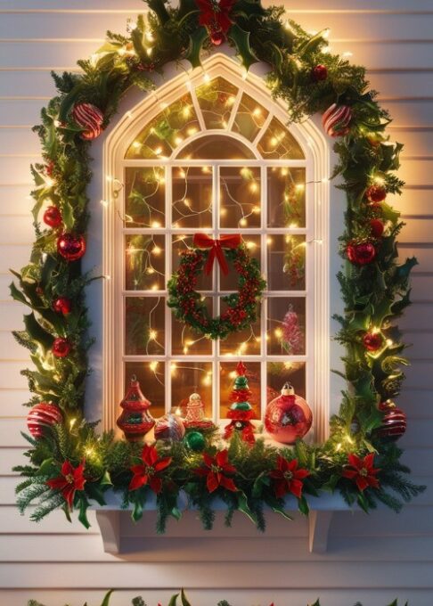 A kitchen window adorned with twinkling fairy lights, surrounded by holiday decorations and greenery.