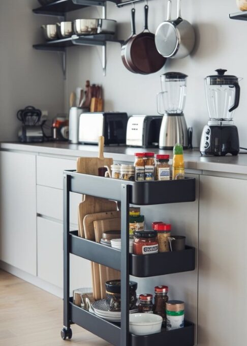 A modern kitchen with a sleek black rolling cart filled with spices, cutting boards, and small kitchen appliances. The cart is tucked neatly beside a countertop. There are also pots and pans hanging above the cart. The countertop has a toaster, a blender, and a coffee maker. The walls have shelves with more pots, pans, and kitchenware. The floor is made of light wood.